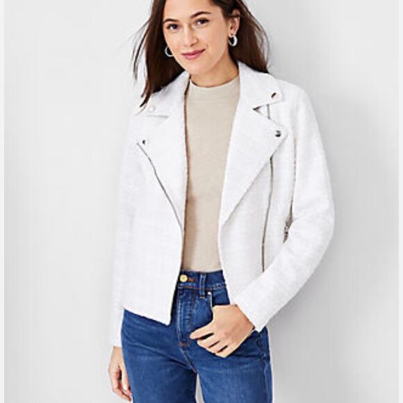 Ann Taylor Petite Tweed Jacket Coat Size 6P Moto Asymmetrical Zip Cream White - Picture 1 of 10